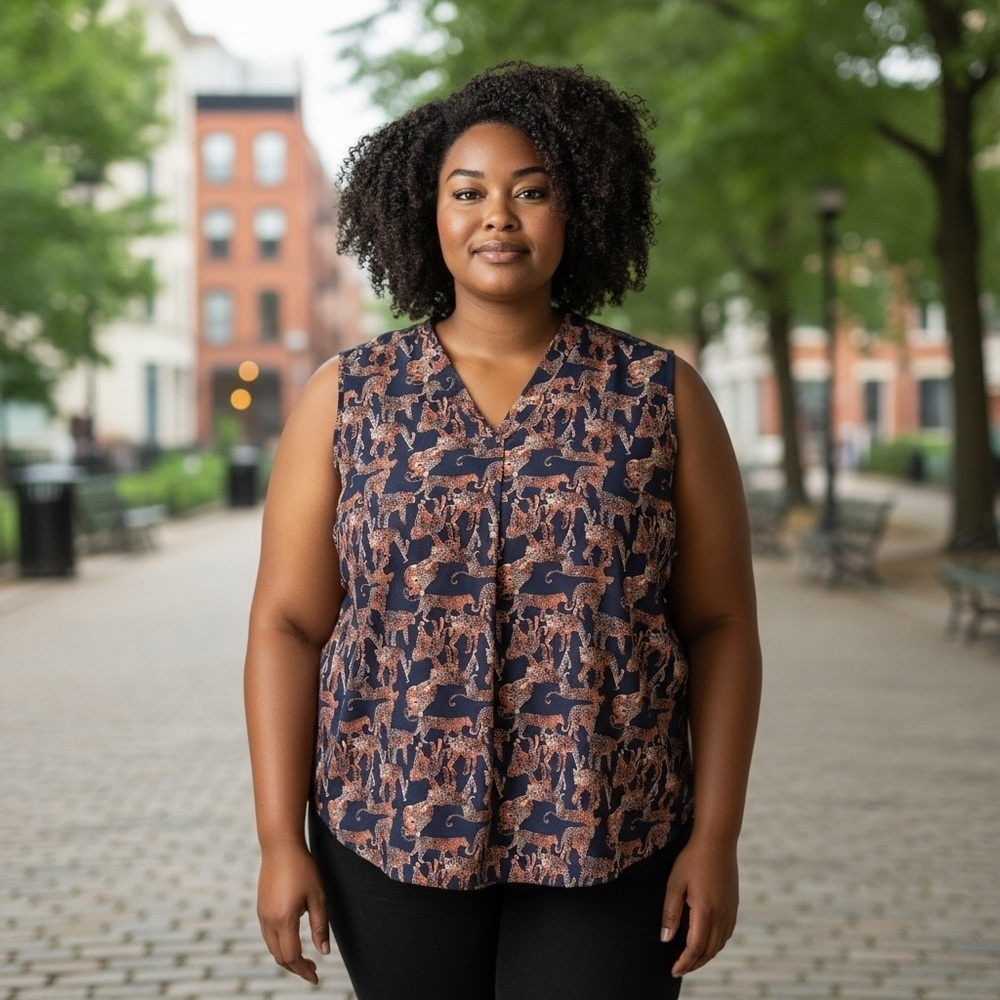 EVRI Navy and Orange Patterned Blouse